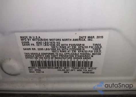 2015 Mitsubishi Outlander Sport Es z USA, uszkodzony, nr VIN 4A4AR3AU9FE030146